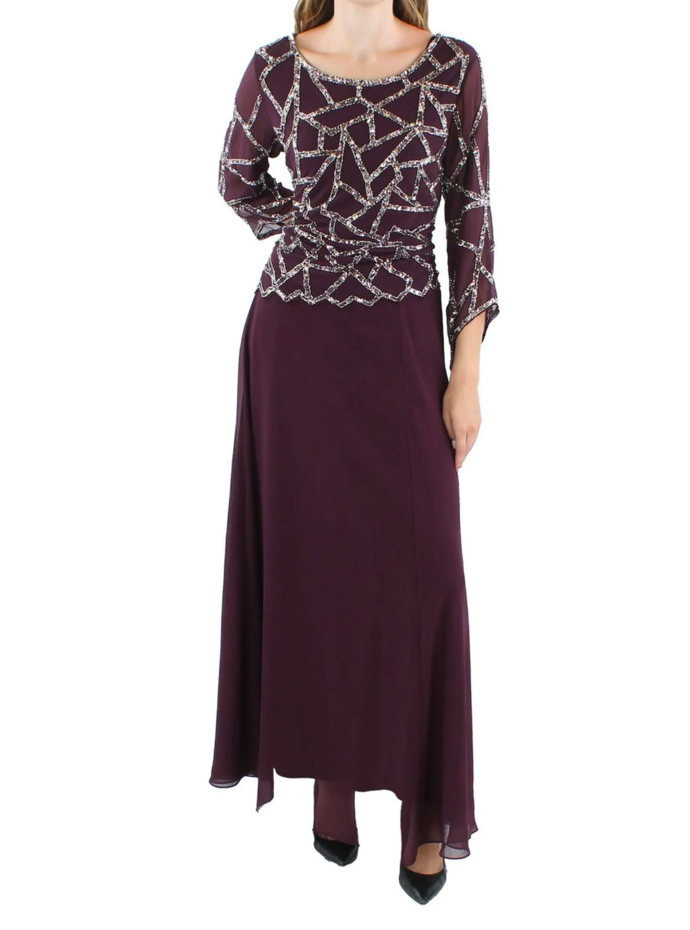 J Kara Women's Round Neck 3/4 Sleeve Beaded Top Geo print Long Chiffon Dress sz4